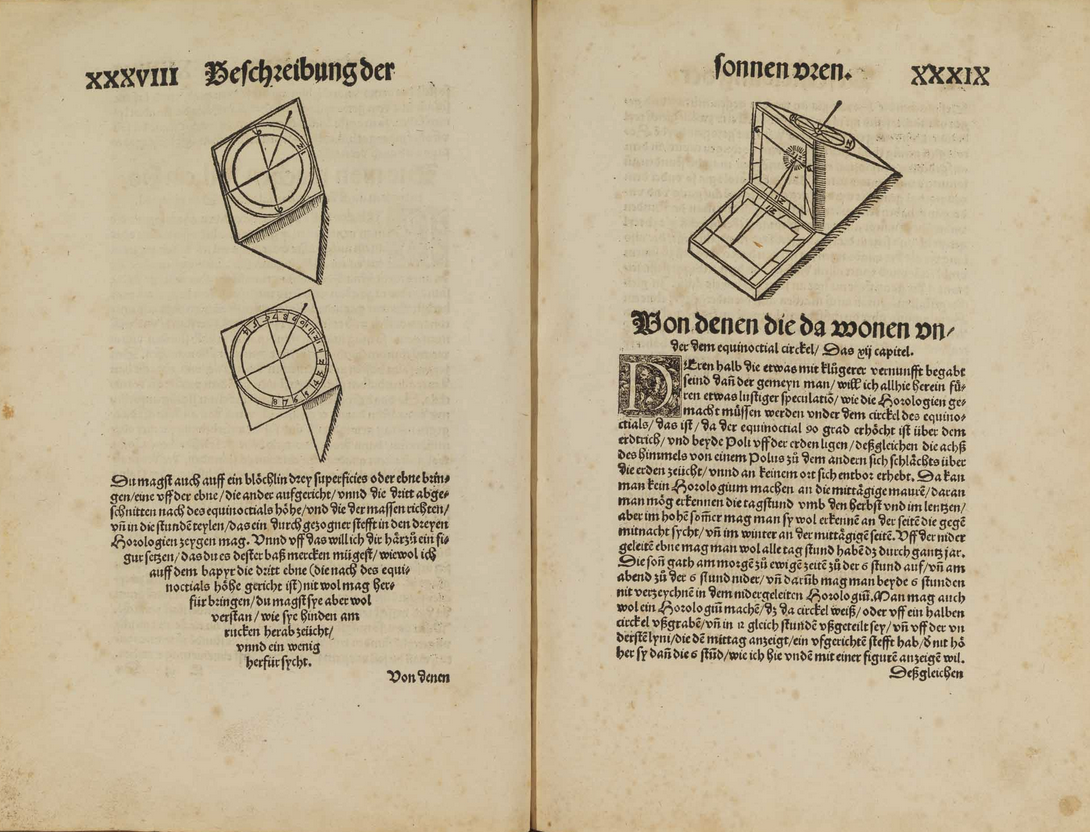 Pages 38-39 from Munster's 1537 Fürmalung vnd künstlich Beschreibung der Horologien.