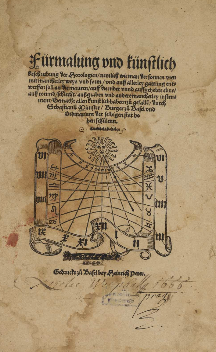 Title page of Sebastian Munster's 1537 Fürmalung vnd künstlich Beschreibung der Horologien.