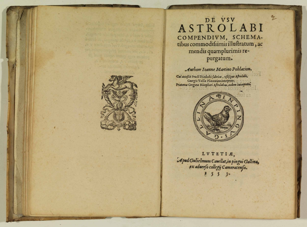 Title page from a 1553 printing of Juan Martinez Población's Compendium on the Use of the Astrolabe.