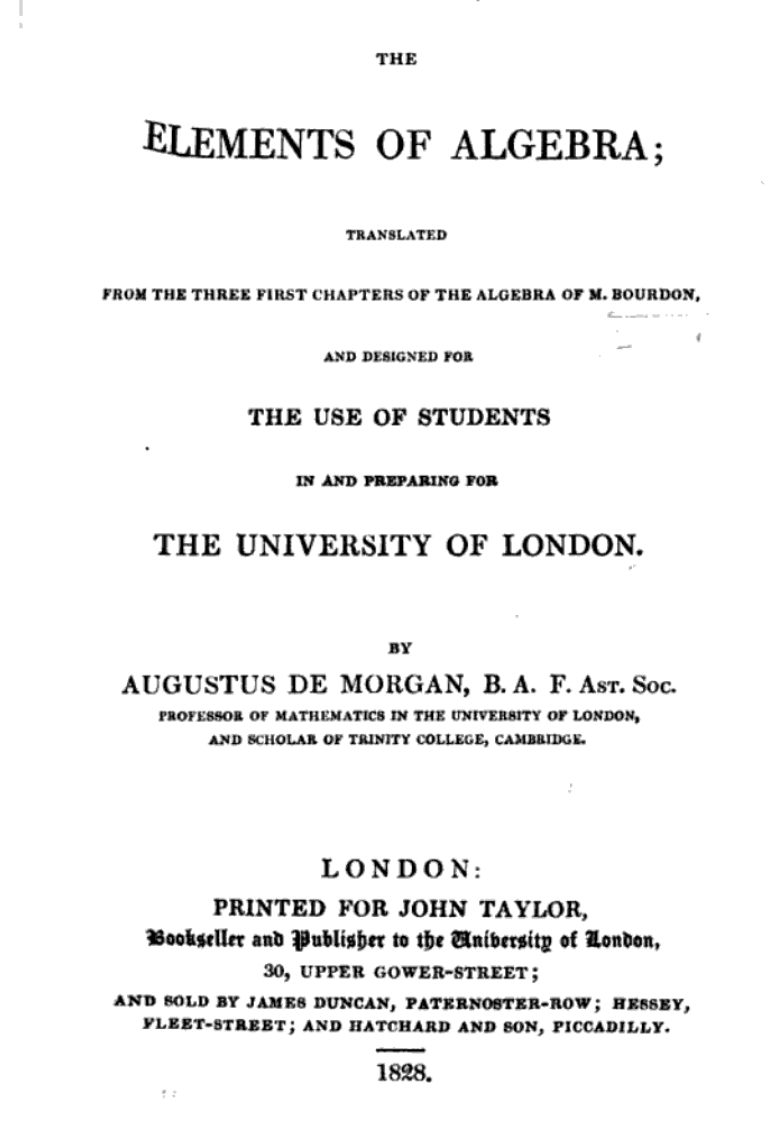 Title page for De Morgan's 1828 translation of 3 chapters of Bourdon's Algebra.