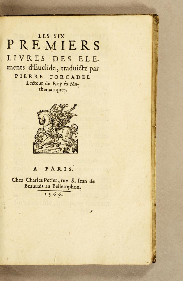 Title page of Pierre Forcadel's 1573 Les six premiers livres des elements d'Euclide.