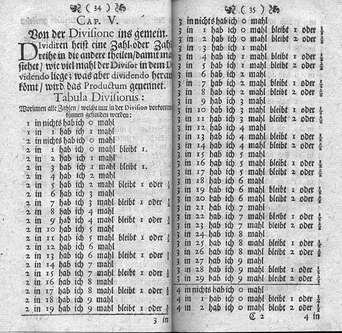 Division table from Neu-Vermehrte Arithmetica Vulgaris, et Practica Italica  by Johann Michael Kegel, 1696