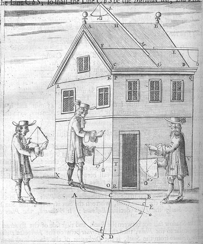 Image demonstrating sun dial observation measurements from Cursus Mathematicus by William Leybourn, 1690