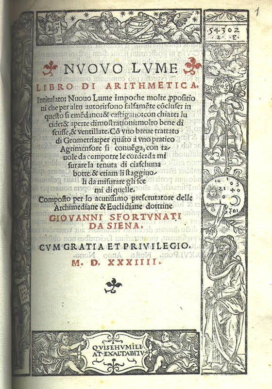 Title page of Nuovo lume/Libro di arithmetica by Giovanni Sfortunati, 1534