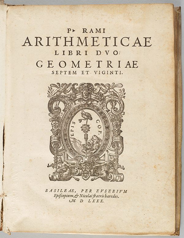 Title page from Peter Ramus's 1580 Arithmeticae libri duo: Geometriae septem et viginti.