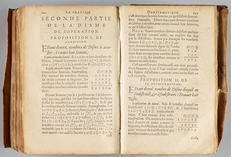 Pages 142-143 of Simon Stevin's 1558 L’Arithmetique.