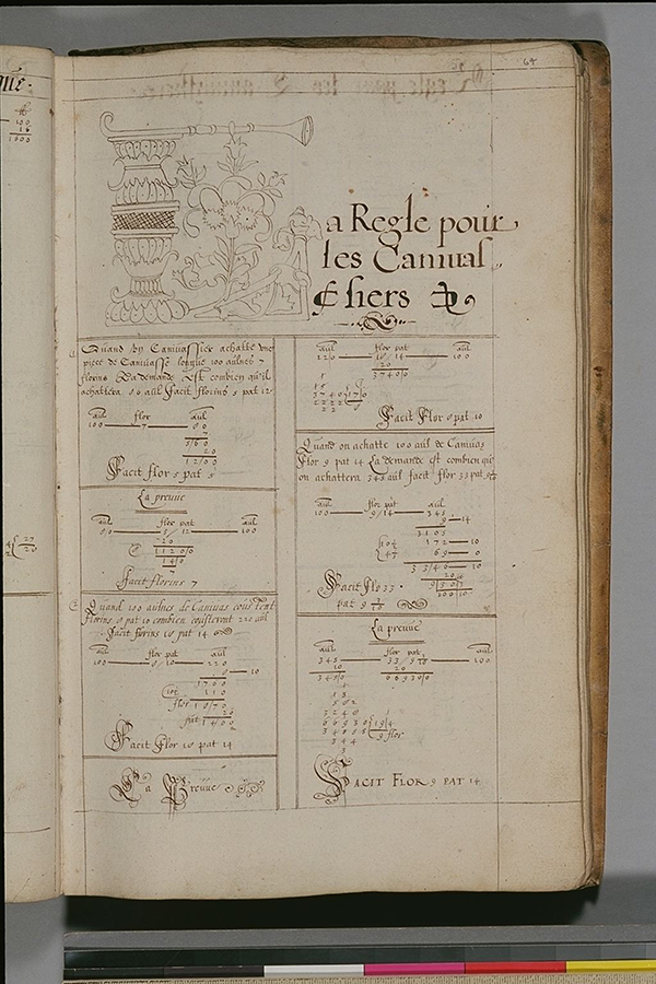 Folio 64 of a Flemish commercial arithemtic manuscript, circa 1600