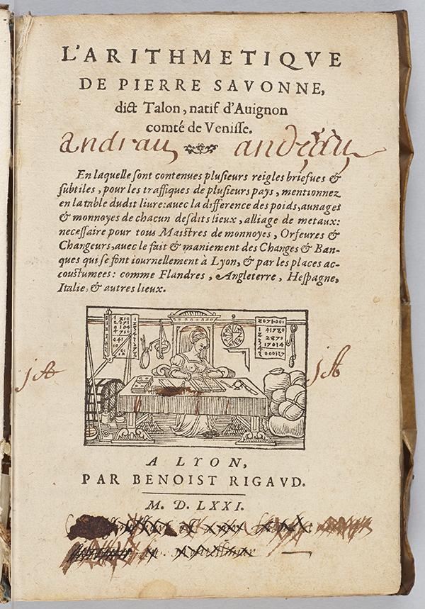 Title page of L'Arithmetique by Pierre de Savonne, 1571