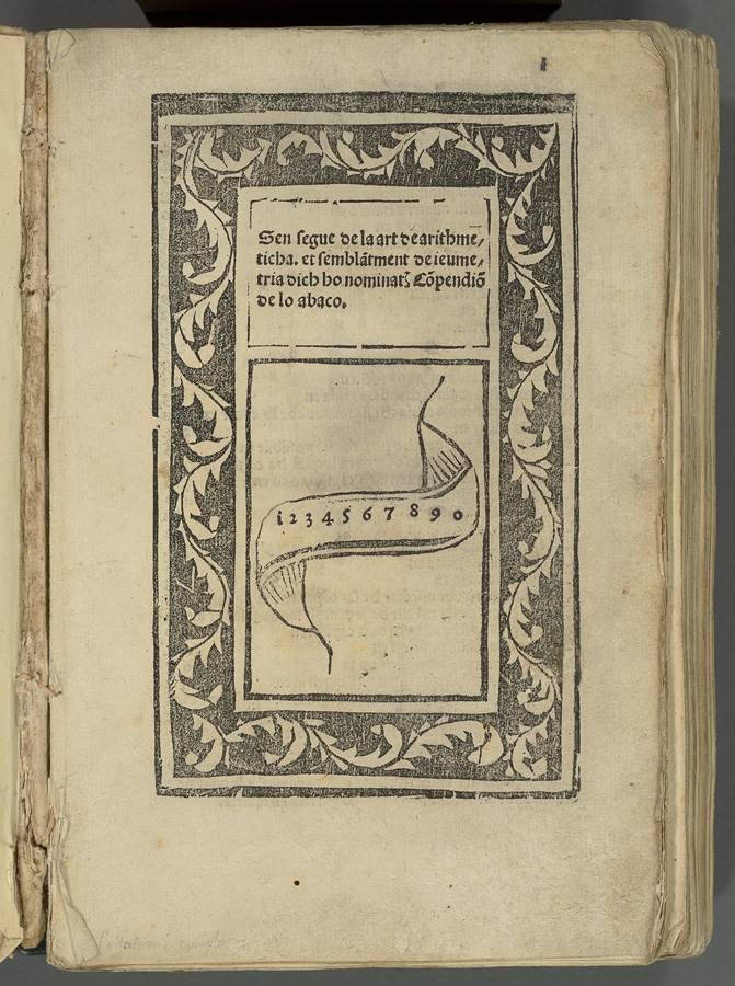 Title page of 1492 Compendio de lo abaco by Francisco Pellos.