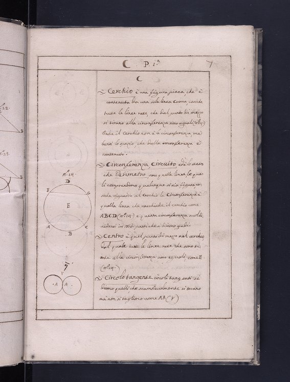 "C" terms from a 1735 handwritten glossary of geometry in Italian.