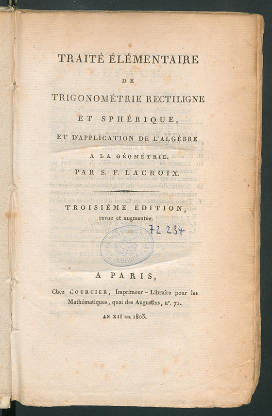 Title page of Traité Élémentaire de Trigonométrie rectiligne et Sphérique by Sylvestre Lacroix, third edition, 1803