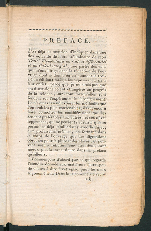First page of preface to Traité Élémentaire de Trigonométrie rectiligne et Sphérique by Sylvestre Lacroix, third edition, 1803