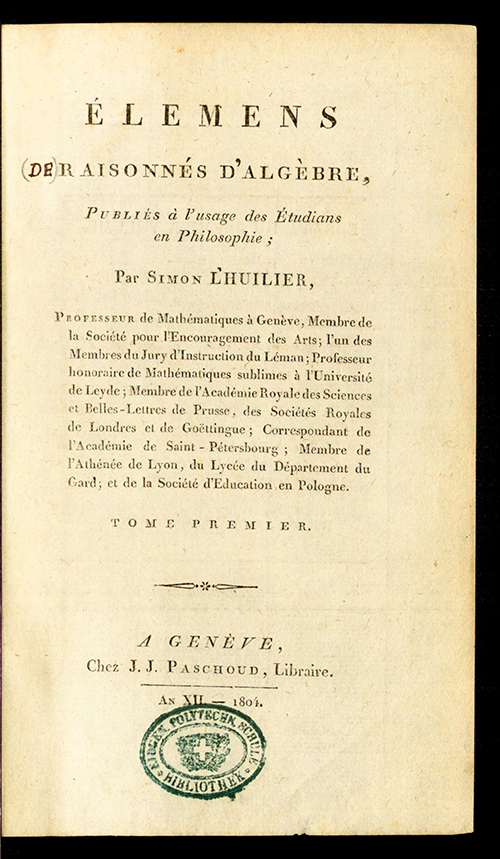 Title page of Élemens raisonnés d’algèbre by Simon L'Huilier, 1804