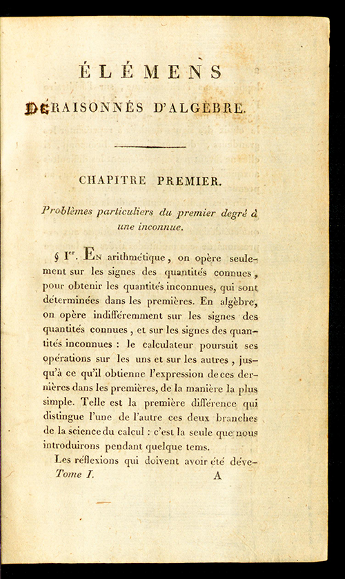 Page 1 of Élemens raisonnés d’algèbre by Simon L'Huilier, 1804