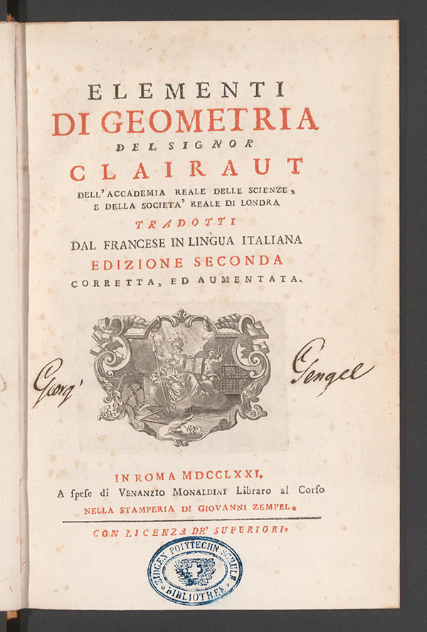 Title page of Italian translation of Élémens de Géométrie by Alexis Claude Clairaut, 1771