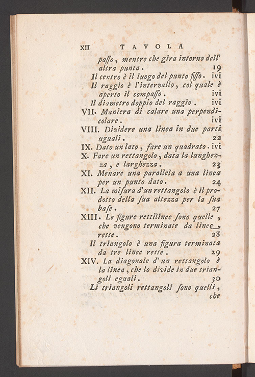 Second page of table of contents for Italian translation of Élémens de Géométrie by Alexis Claude Clairaut, 1771