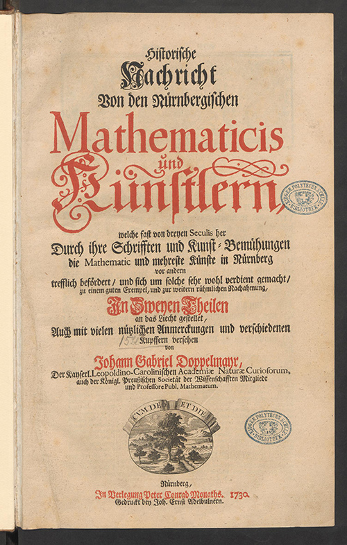 Title page of Doppelmayr's Historische Nachricht von den Nurnbergischen Mathematicis und Künstlern (1730)