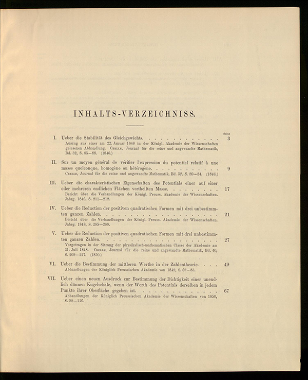 First page of table of contents for Dirichlet's collected works, volume II, 1897