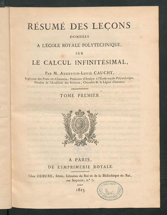 Title page of Résumé des Leçons sur le Calcul Infinitesimal by Augustin-Louis Cauchy, 1823