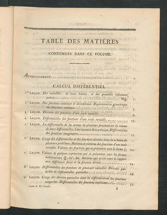First page of table of contents for Résumé des Leçons sur le Calcul Infinitesimal by Augustin-Louis Cauchy, 1823