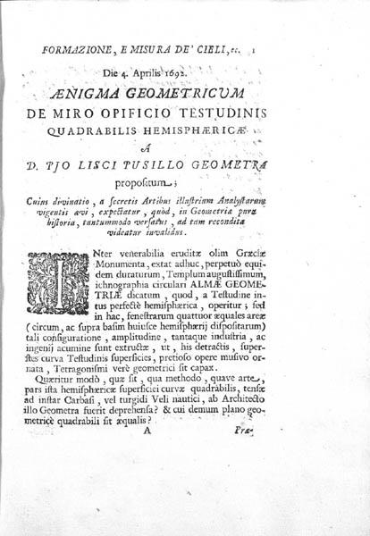 Dedication page for Viviani's 1692 Formazione, e misura di tutti i cieli.