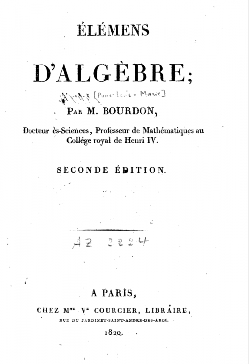Title page of 1820 second edition of Bourdon's Algebra.