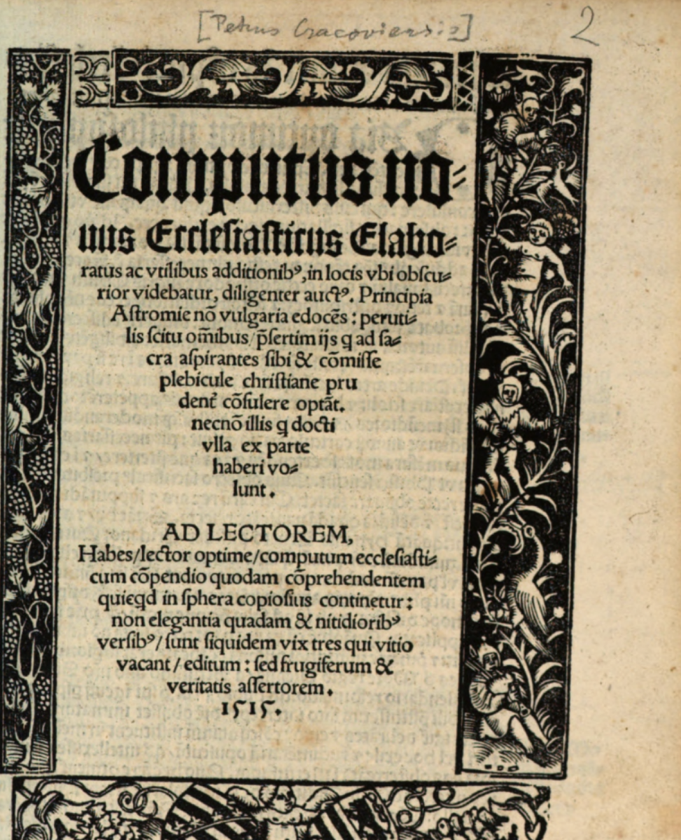 1515 copy of Computus novus ecclesiasticus by Petrus Cracoviensis.