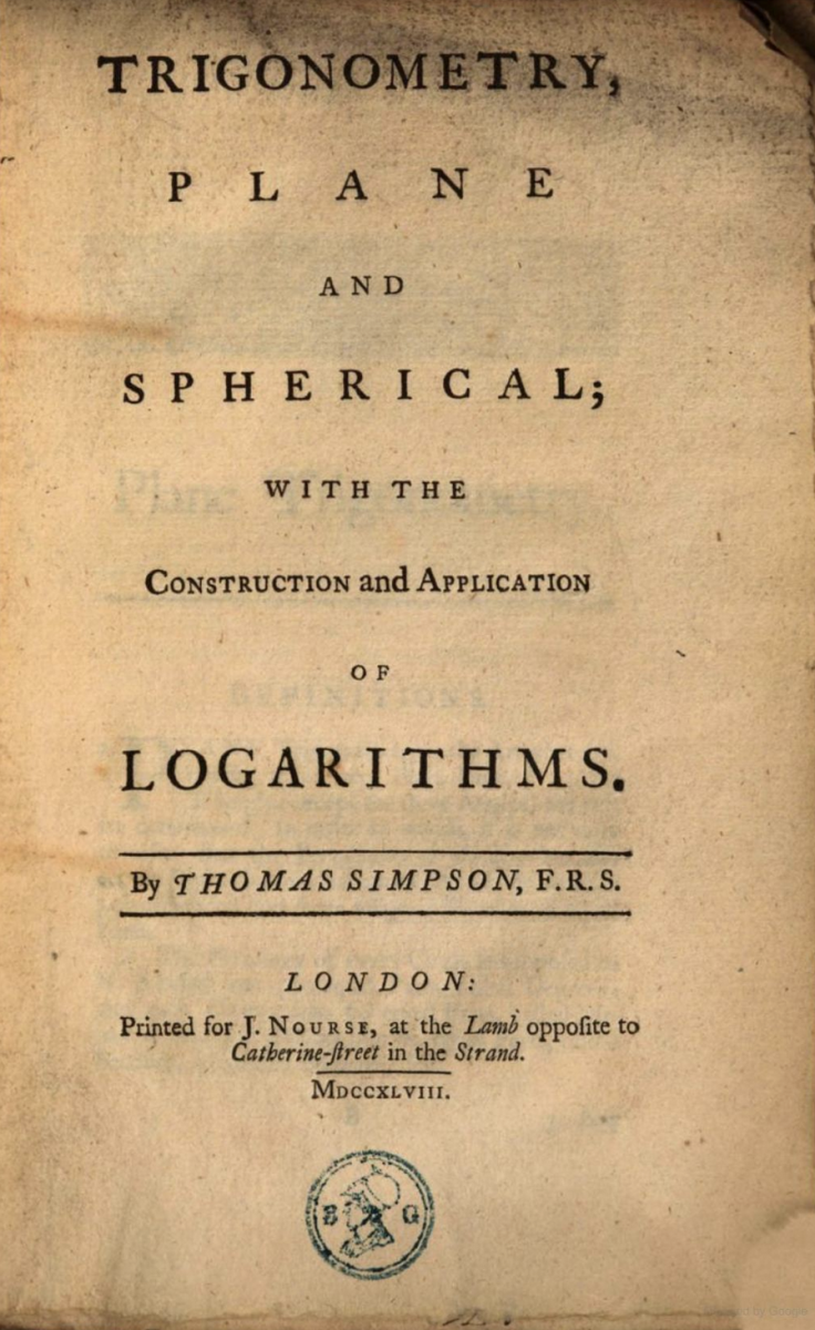 Title page of Thomas Simpson's 1748 Trigonometry.