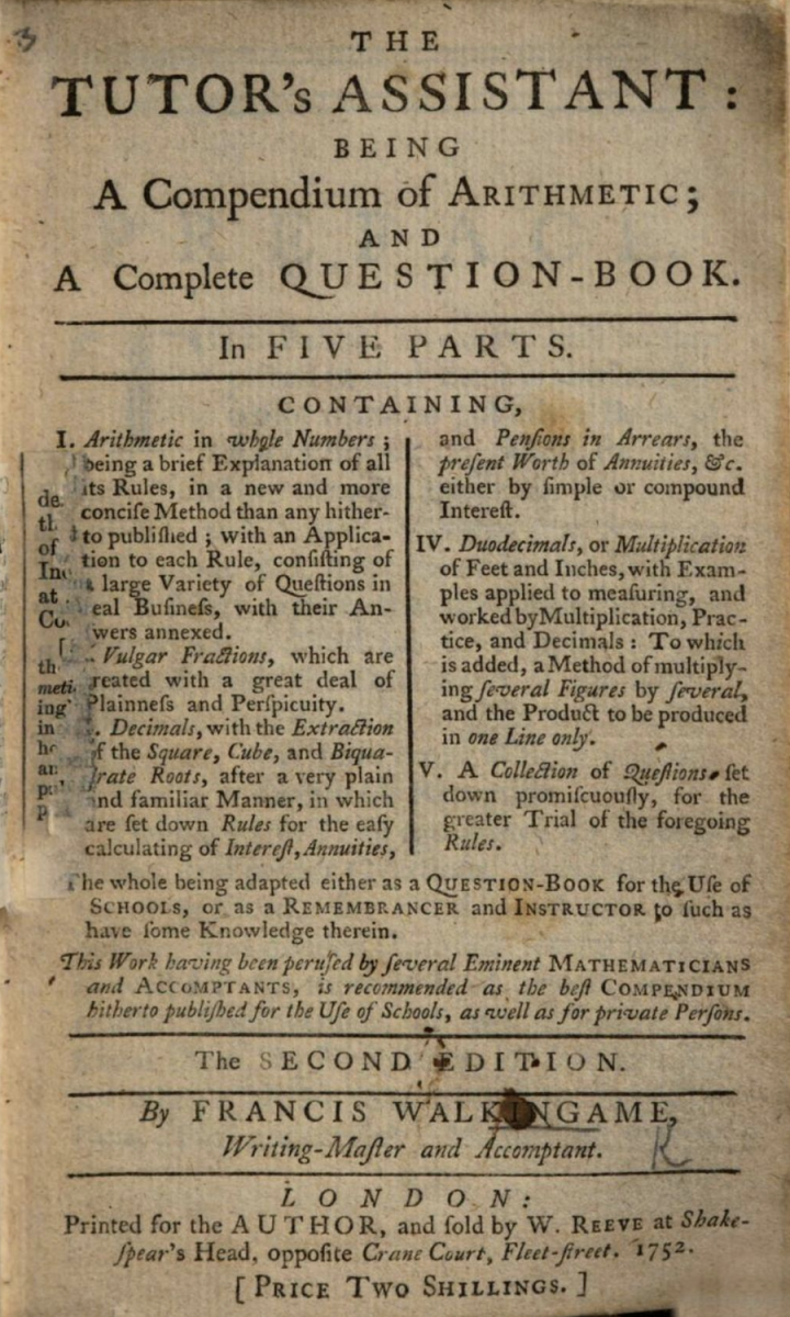 Title page from 1752 second printing of Francis Walkingame's The Tutor's Assistant.