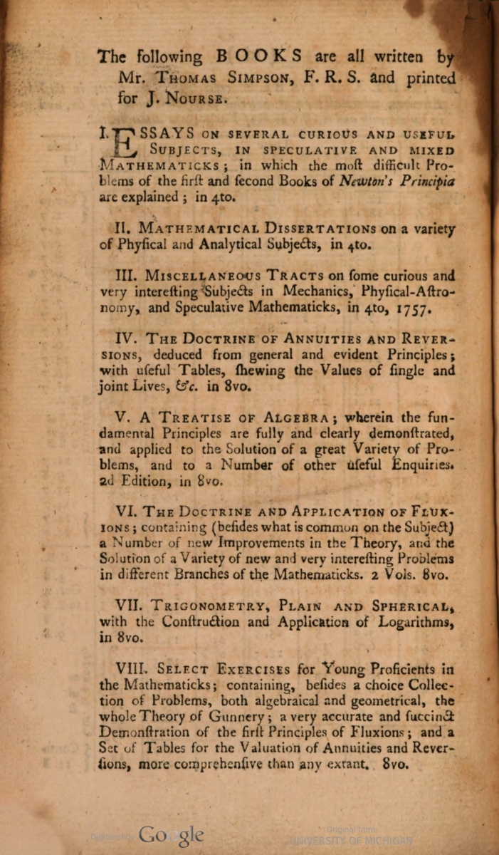 Advertisement for Simpson's textbook series from the 1760 second edition of his Elements of Geometry.