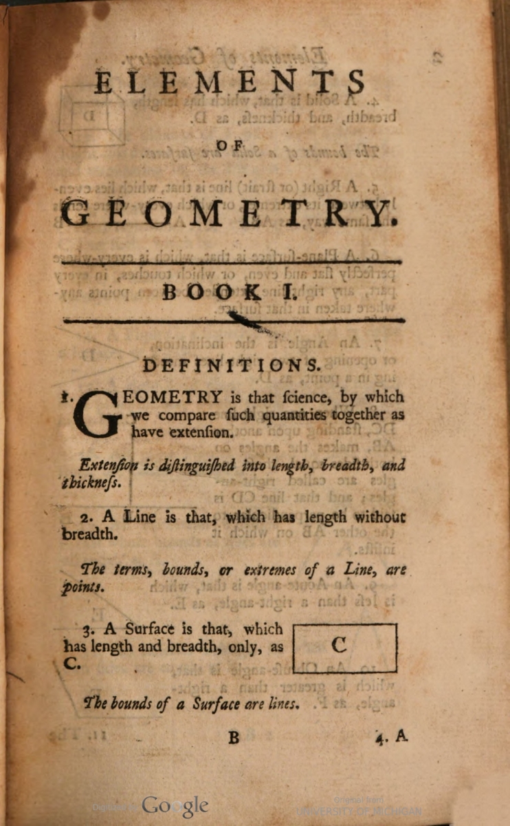 First page from the 1760 second edition of Thomas Simpson’s Elements of Geometry.