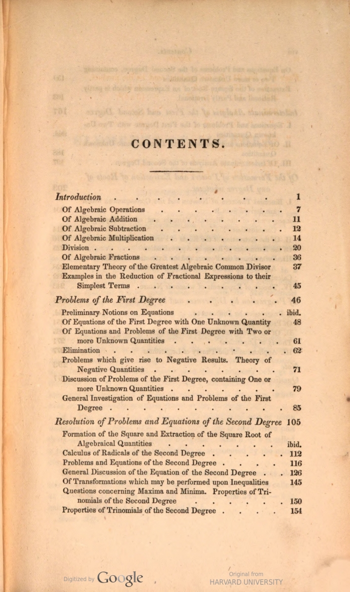Table of contents from Emerson/Farrar's 1831 translation of Bourdon's Algebra, page 1.