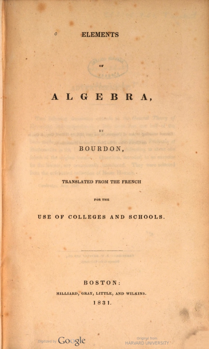 Title page of Emerson/Farrar's 1831 translation of Bourdon's Algebra.