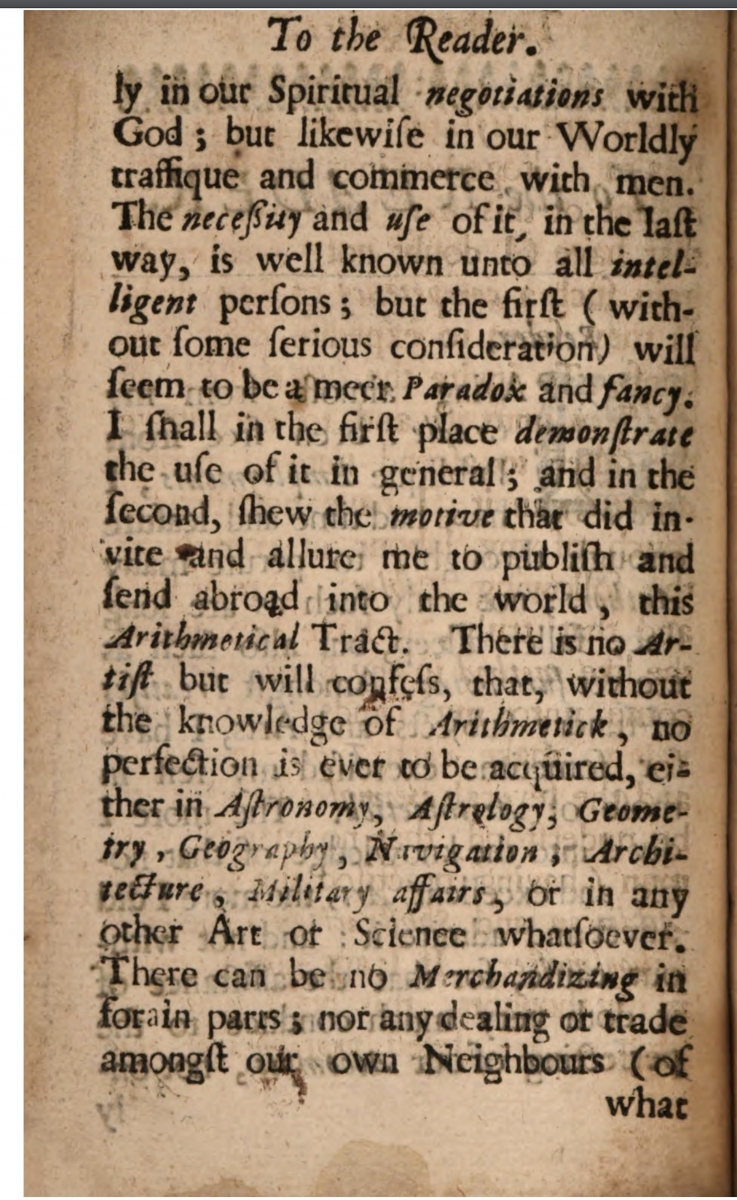 Second page of preface to 1663 Arithmetical Tables by Henry Walrond.