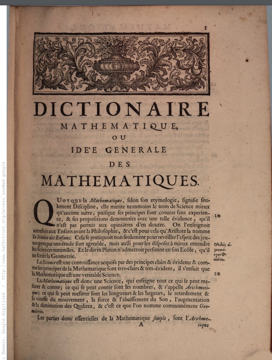 First page of Jacques Ozanam’s 1691 mathematical dictionary.