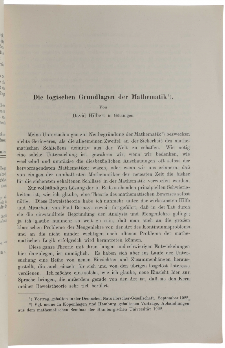 First page of Hilbert's 1922 article on the logical foundations of mathematics.