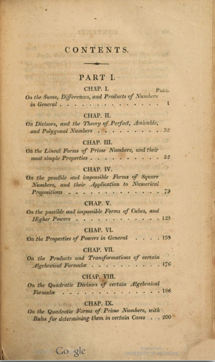 Table of contents, page 1, from Peter Barlow's Elementary Investigation of the Theory of Numbers.
