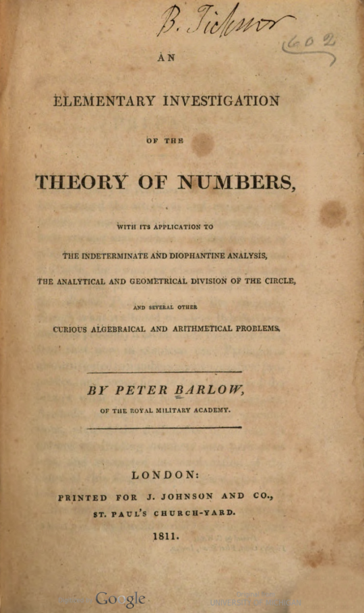 Title page of Peter Barlow's Elementary Investigation of the Theory of Numbers.