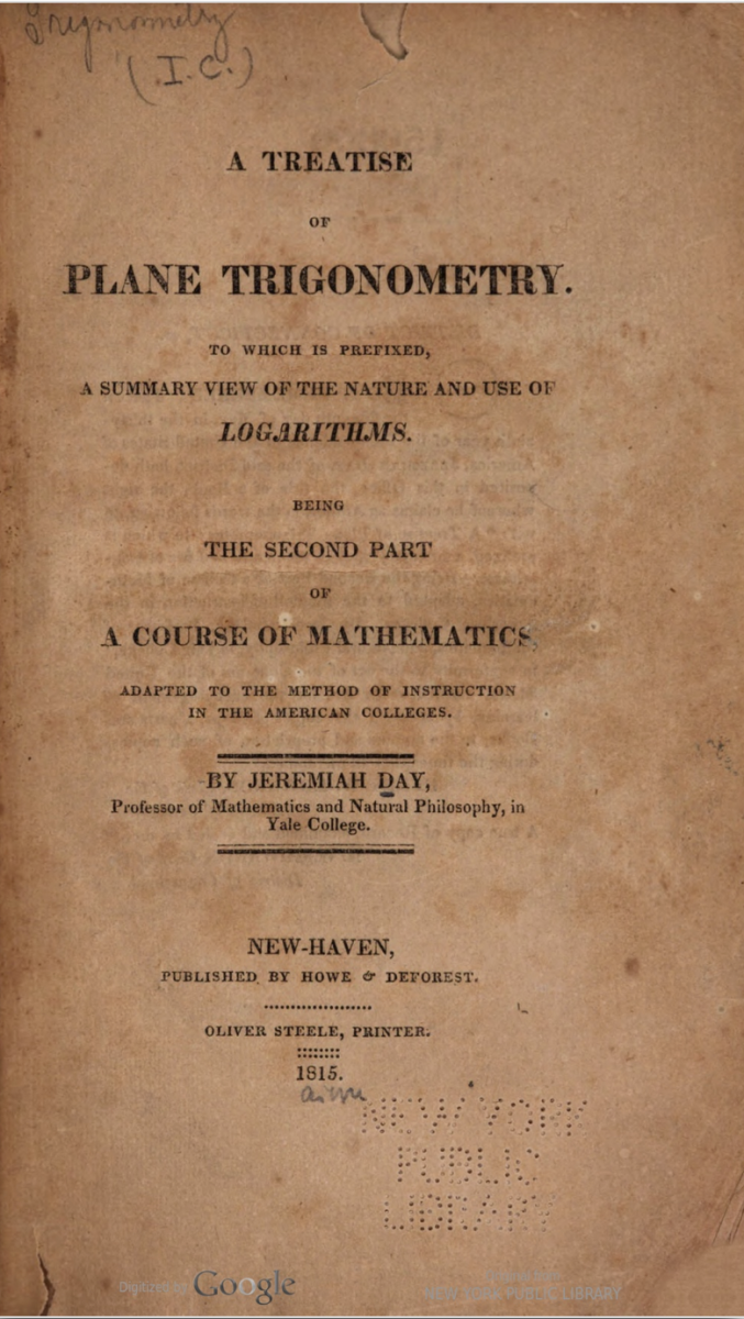Title page for Jeremiah Day's 1815 Treatise of Plane Trigonometry.