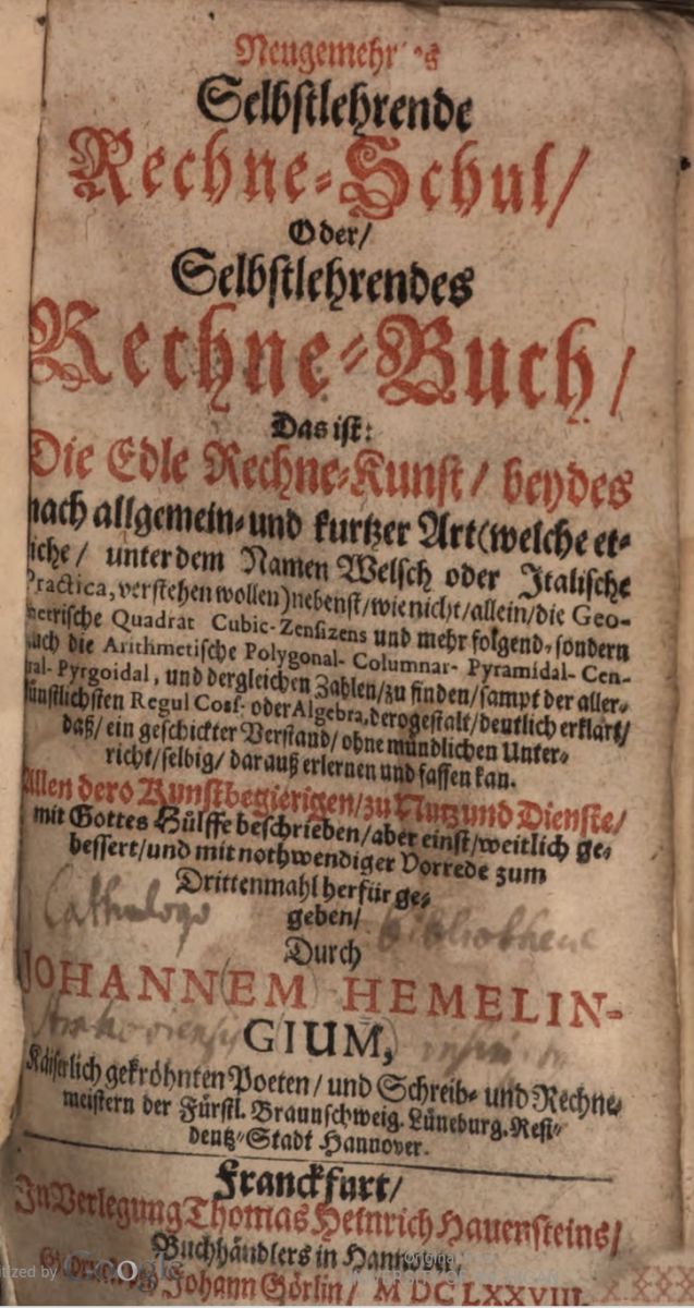 Title page from a 1678 copy of Johann Hemeling's Selbstlehrende Rechneschul.