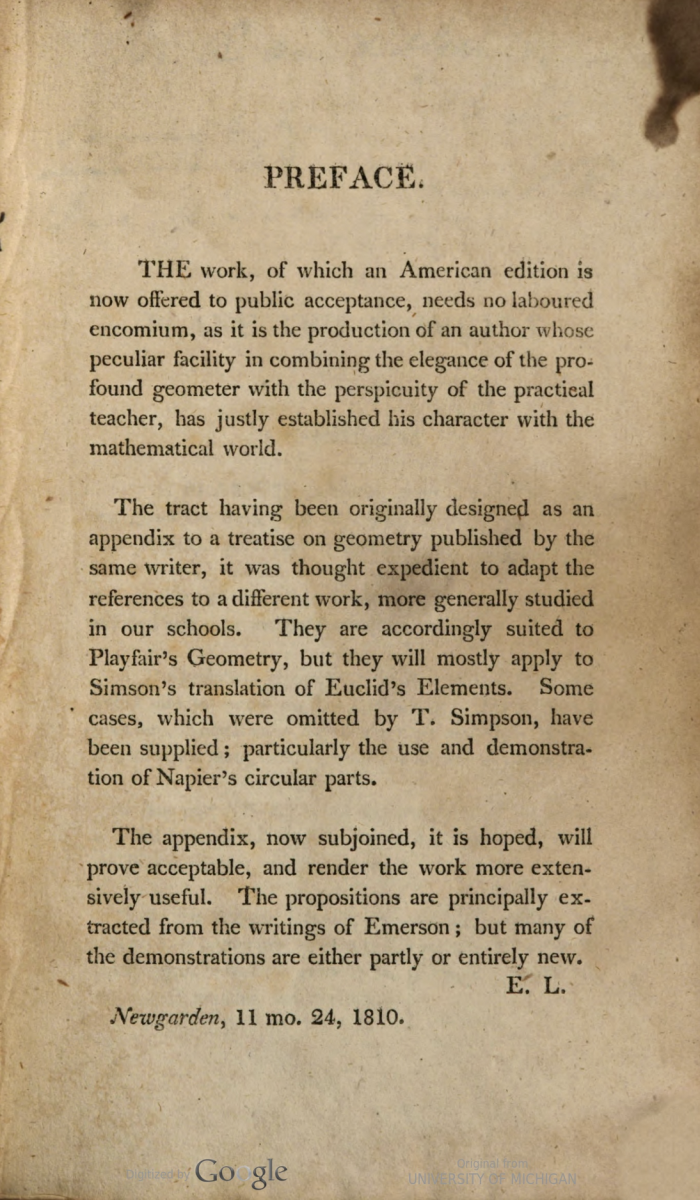 Preface for 1810 American printing of Thomas Simpson's Trigonometry.