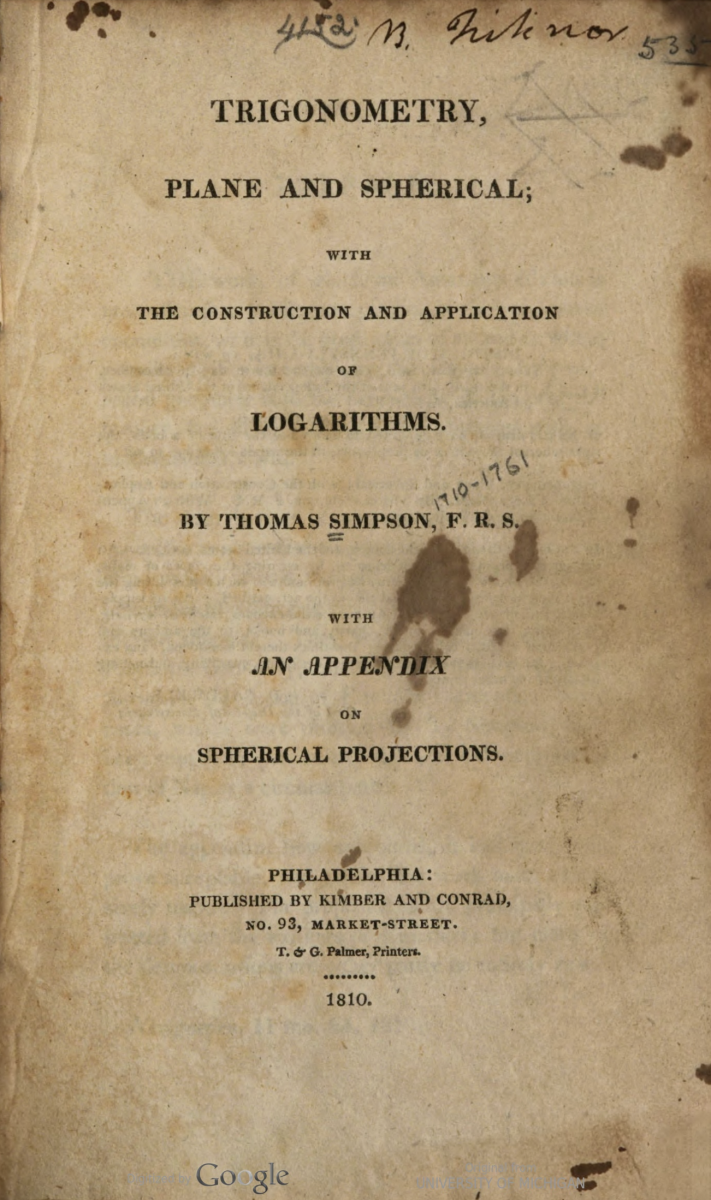 Title page of 1810 printing of Thomas Simpson's Trigonometry.