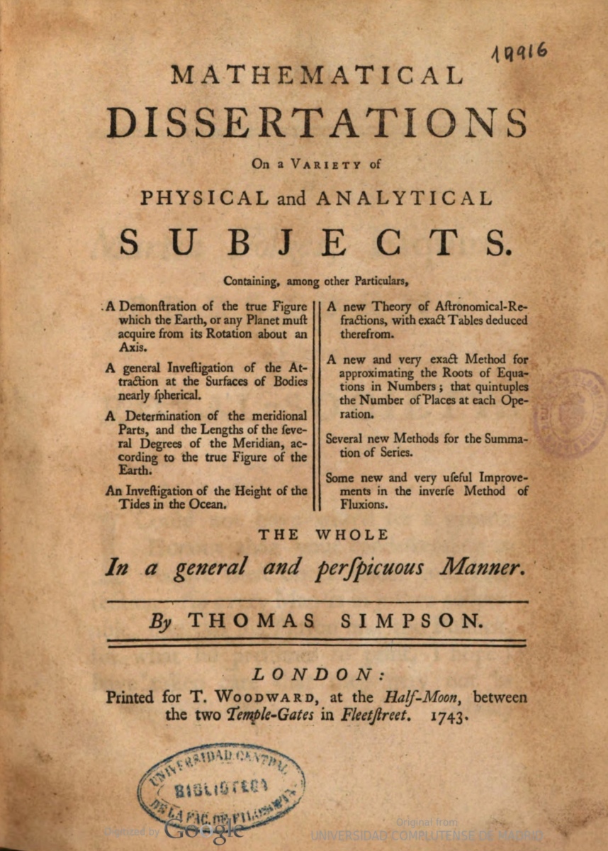 Title page for Thomas Simpson's 1743 Mathematical Dissertations.
