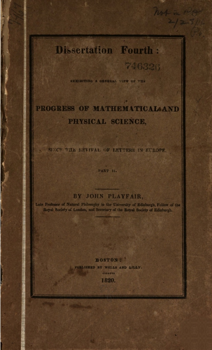 Front cover of 1820 American printing of part 2 of Playfair's historical dissertation.