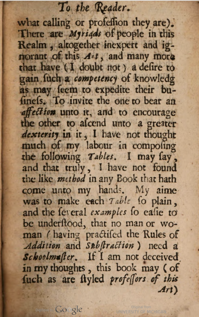 Third page of preface to 1663 Arithmetical Tables by Henry Walrond.