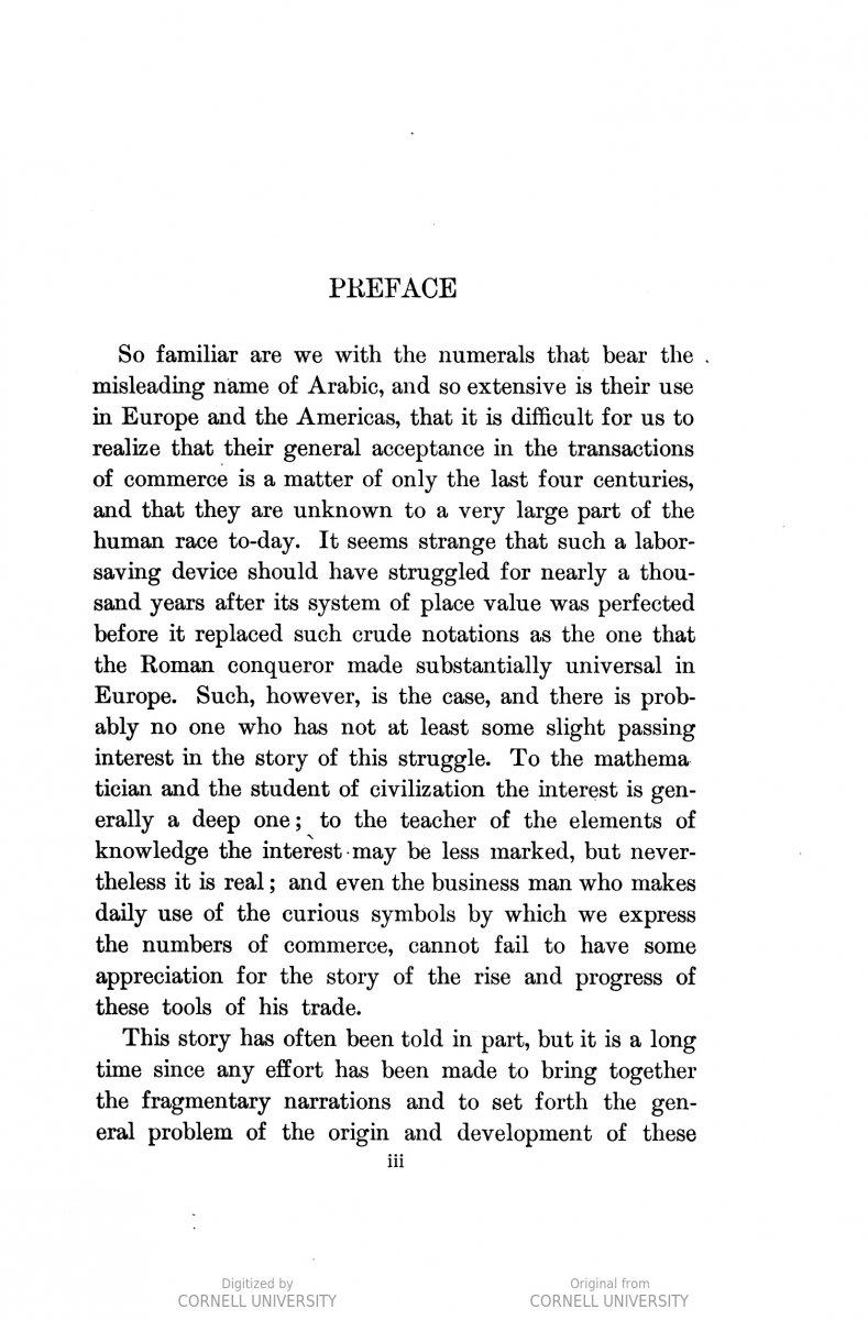 First page of preface for The Hindu-Arabic Numerals (1911) by Smith and Karpinski.