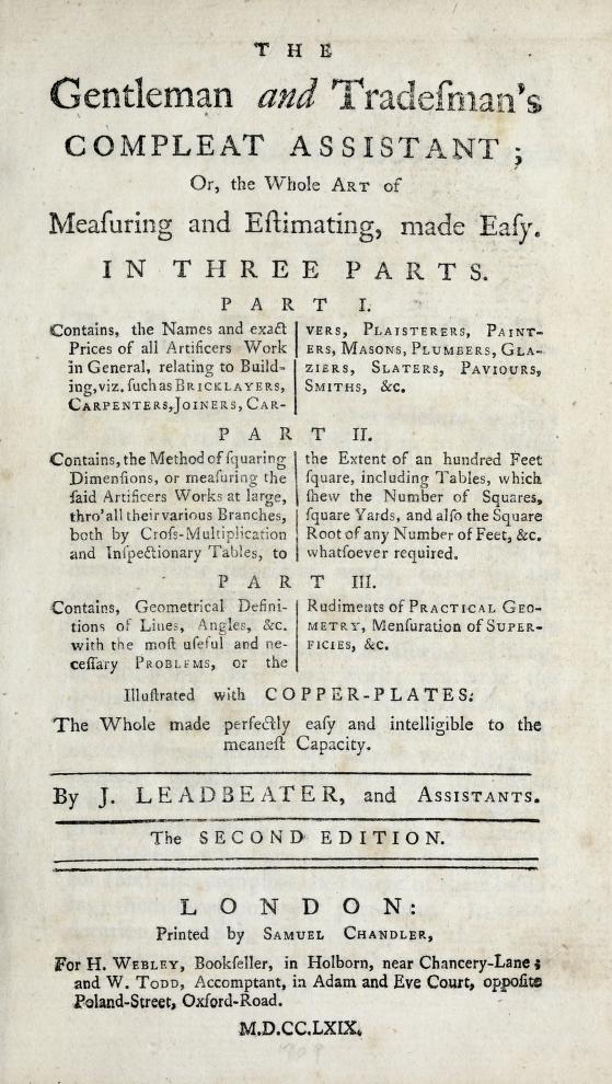 Title page from Leadbeater’s The Gentleman and Tradesman’s Compleat Assistant (1769).