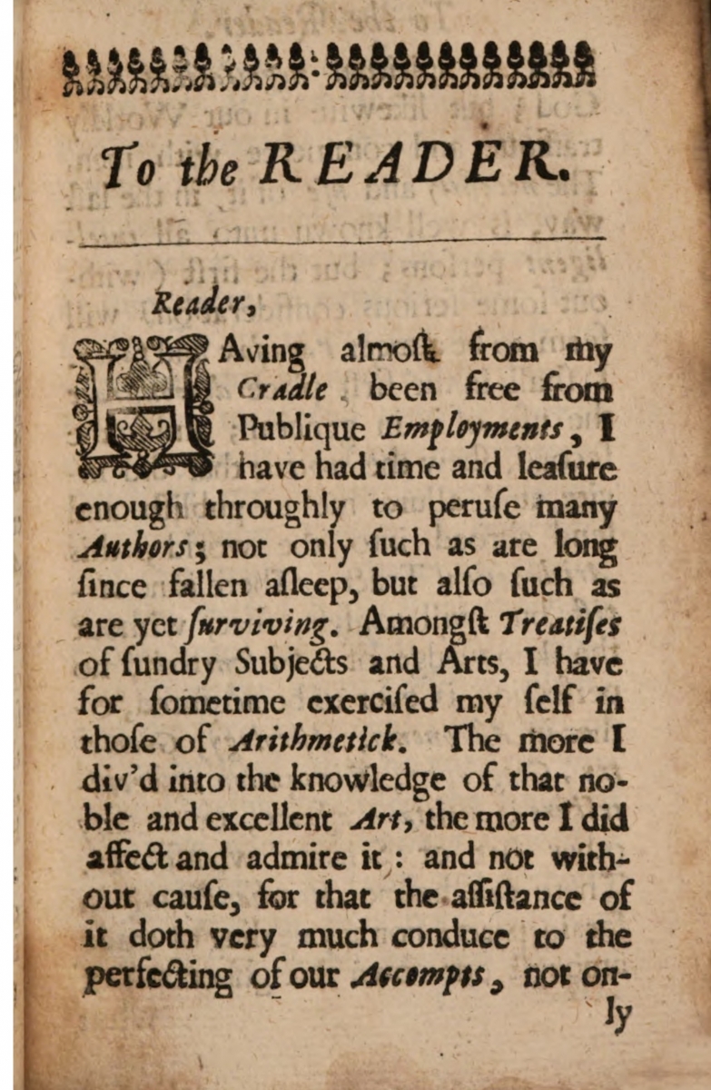 First page of preface to 1663 Arithmetical Tables by Henry Walrond.