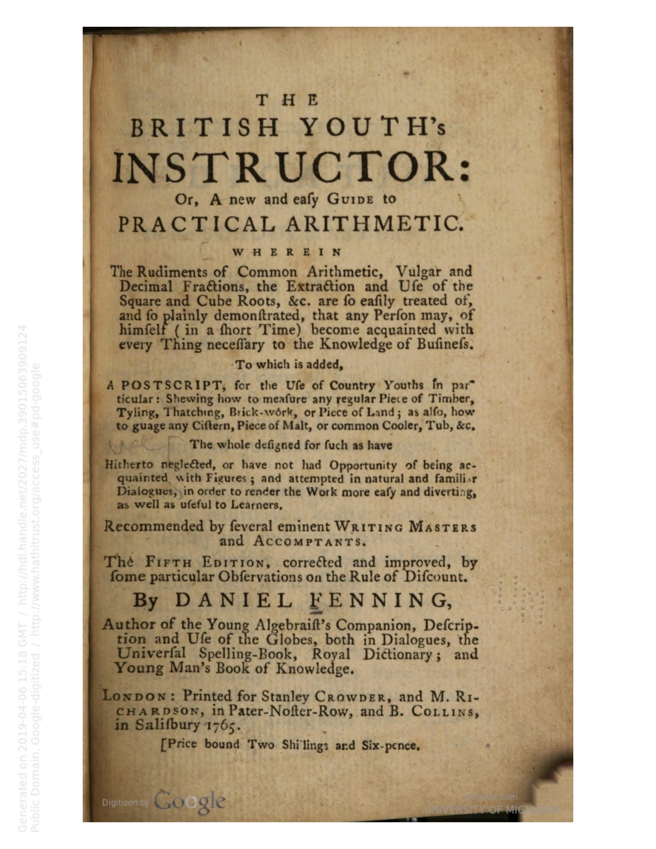 Title page of Daniel Fenning's The British Youth's Instructor.