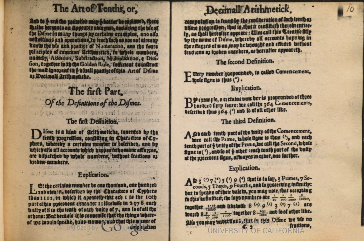 First page of decimal definitions in Disme, translated by Robert Norton in 1608.